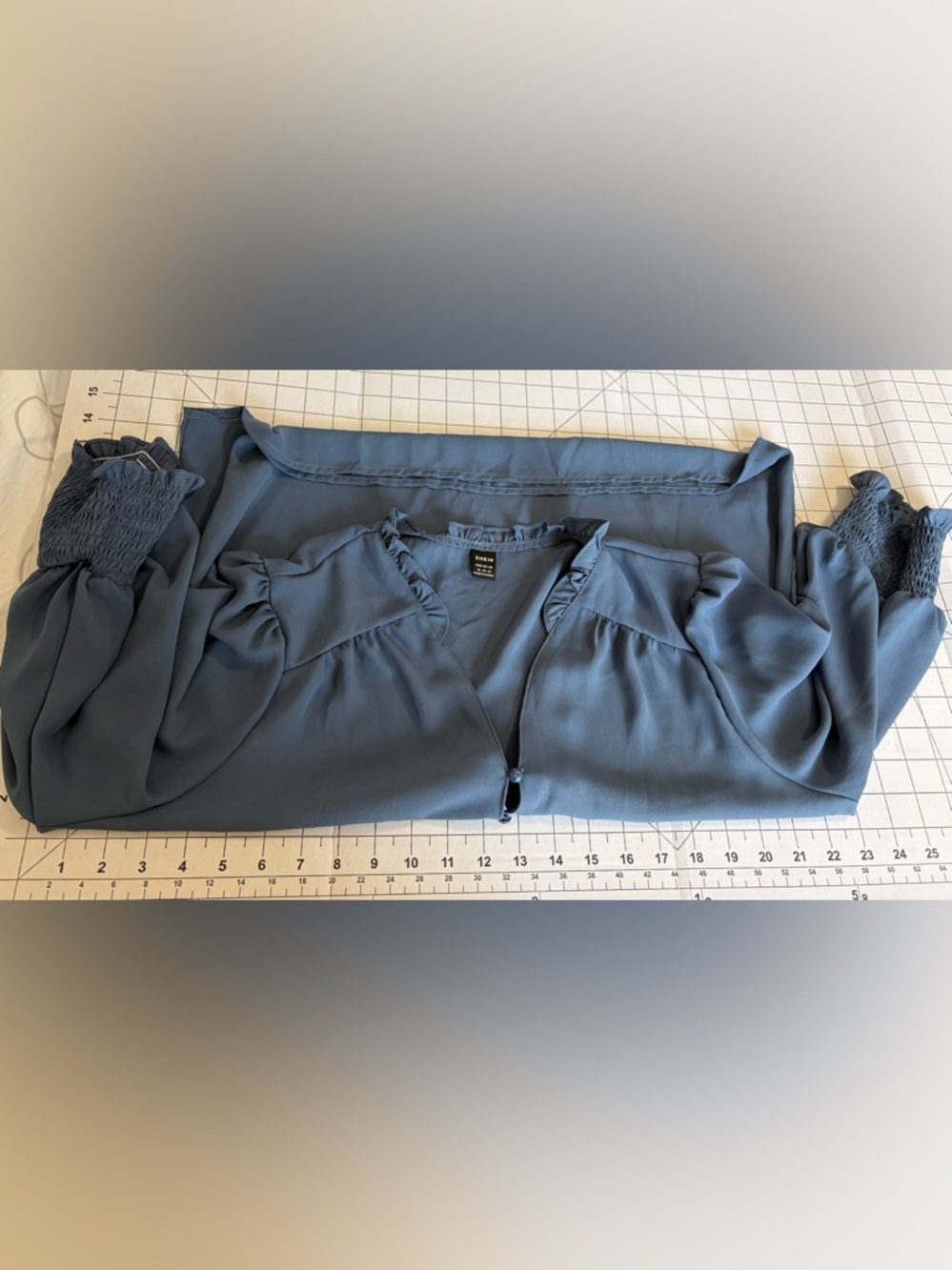 Shein Dusty Blue Ruffle-Trim Smocked Cuff Blouse - Picture 2 of 3